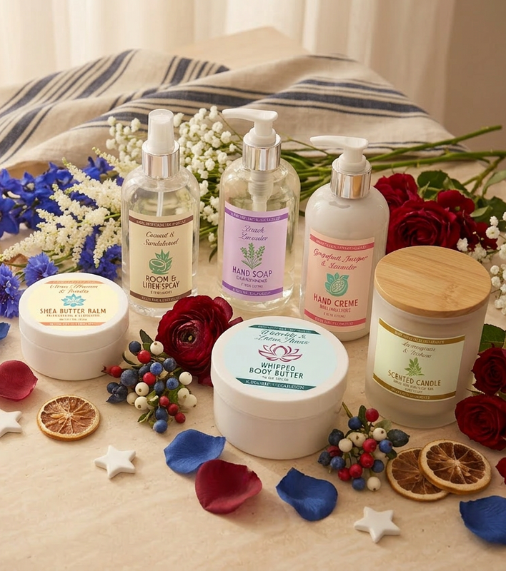 Kiss Me in the Garden botanical body care products with red, white and blue flowers celebrating 4th of July